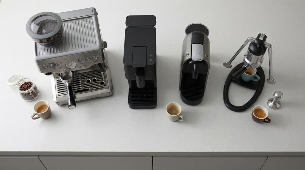 Six home espresso machines compared on a kitchen counter.
