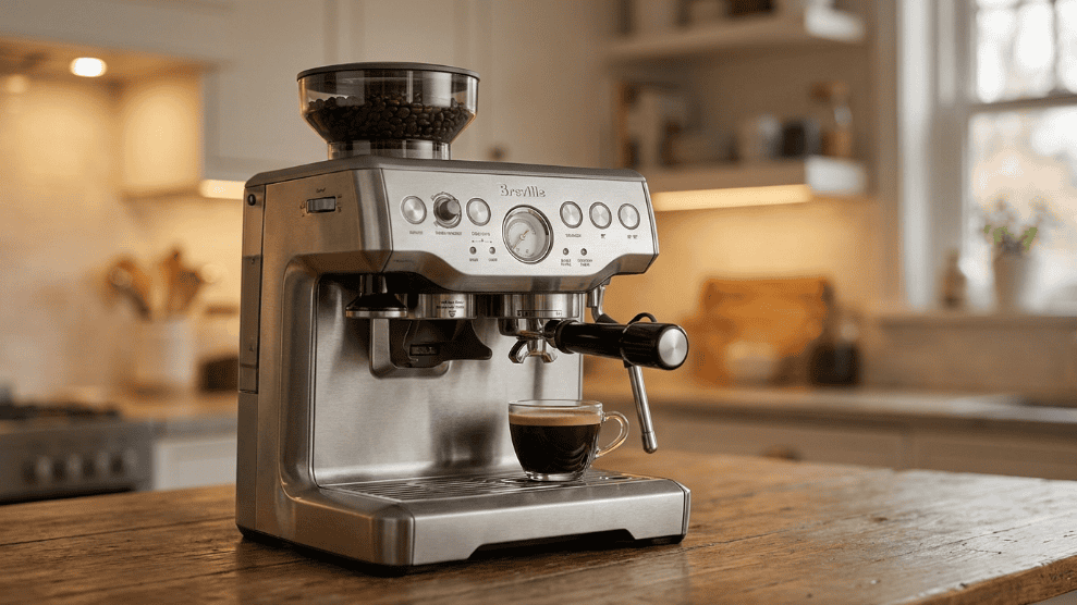 Breville Barista Express espresso machine in stainless steel on a kitchen counter.