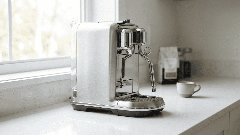 Breville Bambino Plus compact espresso machine in brushed stainless steel.