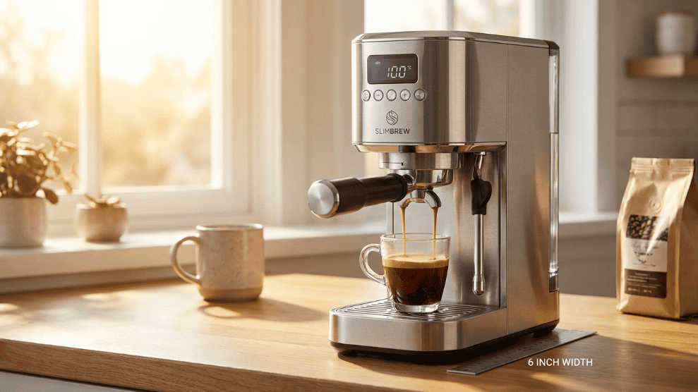 De'Longhi Dedica Arte slim compact espresso machine in stainless steel.