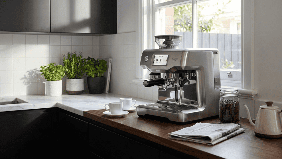 Sage espresso machine on a modern UK kitchen counter with marble worktop.