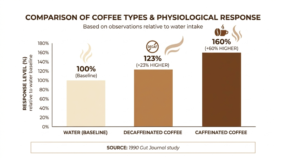 Bar chart showing coffee stimulates colon 60 percent more than water and decaf 23 percent more based on 1990 Gut Journal study