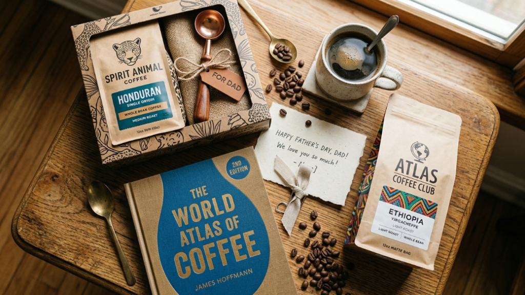 Coffee gifts for dad under 25 dollars showing Spirit Animal Coffee Honduran specialty trio gift box James Hoffmann World Atlas of Coffee book and an Atlas specialty single origin coffee bag with Father's Day card as affordable gift ideas from kids or as add-on gifts