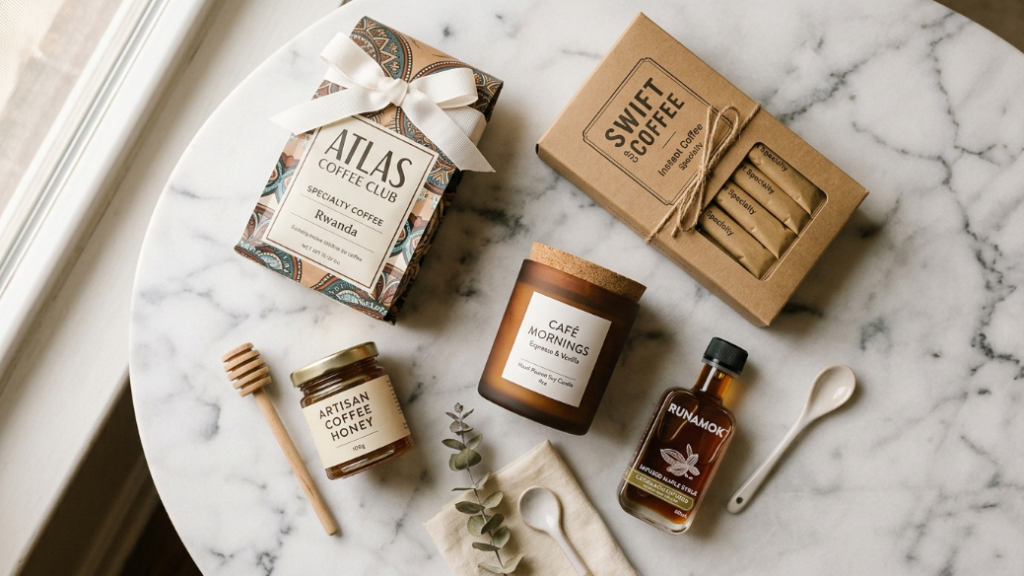Coffee gifts for her under 25 dollars showing Atlas Coffee Club specialty single origin bag with white ribbon Swift Cup specialty instant coffee kraft packets small artisan coffee honey jar coffee scented soy candle and Runamok maple coffee syrup as thoughtful affordable women's coffee gift ideas on white marble