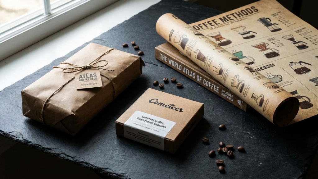 Coffee gifts for him under 25 dollars showing Atlas Coffee Club specialty single origin bag with masculine kraft wrapping Cometeer flash frozen coffee sampler box James Hoffmann World Atlas coffee book and Pop Chart Lab coffee brew methods poster as affordable masculine coffee gift ideas