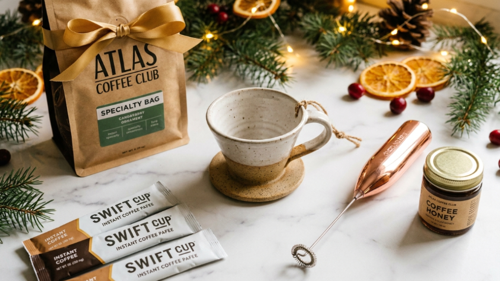 Christmas coffee stocking stuffers under 25 dollars showing specialty Atlas Coffee Club single origin bag with gold Christmas ribbon Swift Cup specialty instant coffee packets pour-over coffee ornament handheld milk frother in rose gold and coffee honey jar arranged as Christmas stocking stuffers