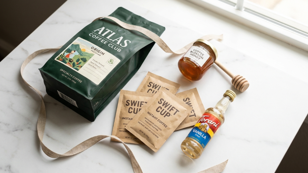 Budget coffee consumable gifts under 25 dollars showing Atlas Coffee Club specialty single origin bag with origin postcard Swift Cup specialty instant coffee packets in kraft packaging small artisan coffee honey jar and Monin coffee syrup bottle as thoughtful affordable gift ideas on white marble