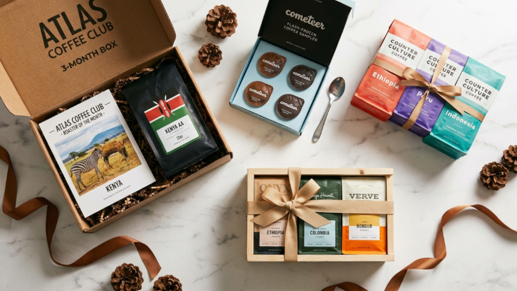 Coffee consumable gifts under 50 dollars showing Atlas Coffee Club 3-month subscription gift box with origin postcards Cometeer flash frozen coffee sampler box Counter Culture curated coffee sampler and a set of specialty single origin bags from different countries as the best consumable coffee gifts under $50