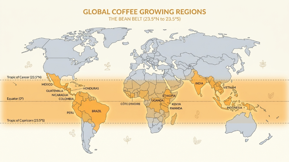 World map showing the coffee bean belt between the tropics where all coffee is grown commercially