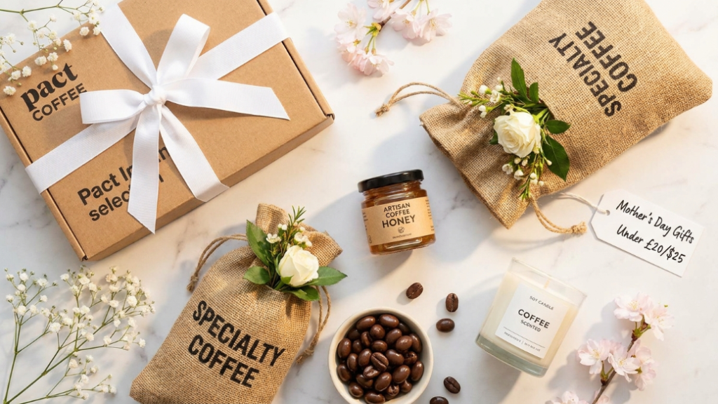 Mother's Day coffee gifts under 25 pounds showing Pact Coffee specialty selection box with ribbon specialty single origin coffee bag with white rose artisan coffee honey jar coffee scented candle and coffee chocolate truffles as thoughtful affordable gifts for mum