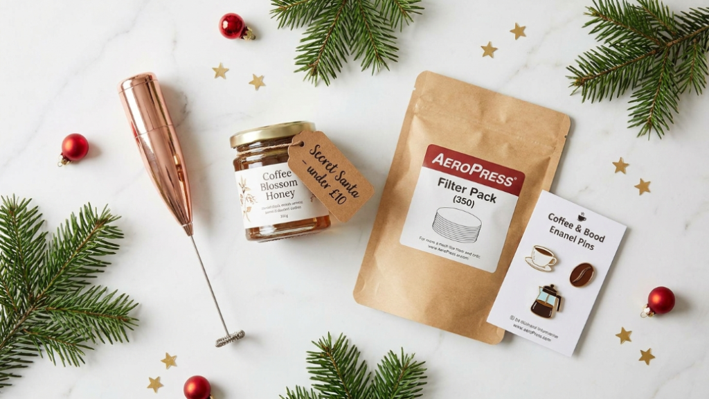 Secret Santa coffee gifts under £10 and $12 showing handheld electric milk frother in rose gold small artisan coffee honey jar AeroPress replacement filter 350-pack and set of coffee enamel pins as budget office-safe Secret Santa coffee gift ideas 