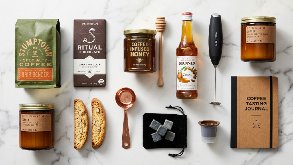 Complete coffee gift basket shopping list showing specialty coffee bag artisan dark chocolate bar coffee honey jar Monin syrup bottle handheld milk frother coffee scented candle biscotti coffee measuring scoop whiskey stones set reusable pod and coffee journal as all possible items to include in a coffee gift basket or hamper