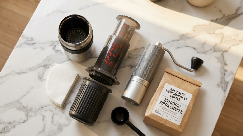 AeroPress coffee starter kit showing AeroPress Go complete kit inside its travel mug with filter papers and scoop alongside TIMEMORE C2 manual grinder in silver and specialty medium roast coffee bag as the best AeroPress starter kit gift