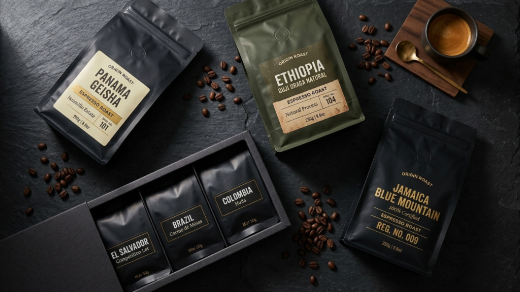 Premium espresso beans for espresso lover gifts showing Panama Geisha espresso roast specialty bag Ethiopia natural process bag with ripe red coffee cherries on it competition lot specialty espresso coffee sampler set and Jamaica Blue Mountain espresso bag as the best espresso consumable gifts for espresso lovers