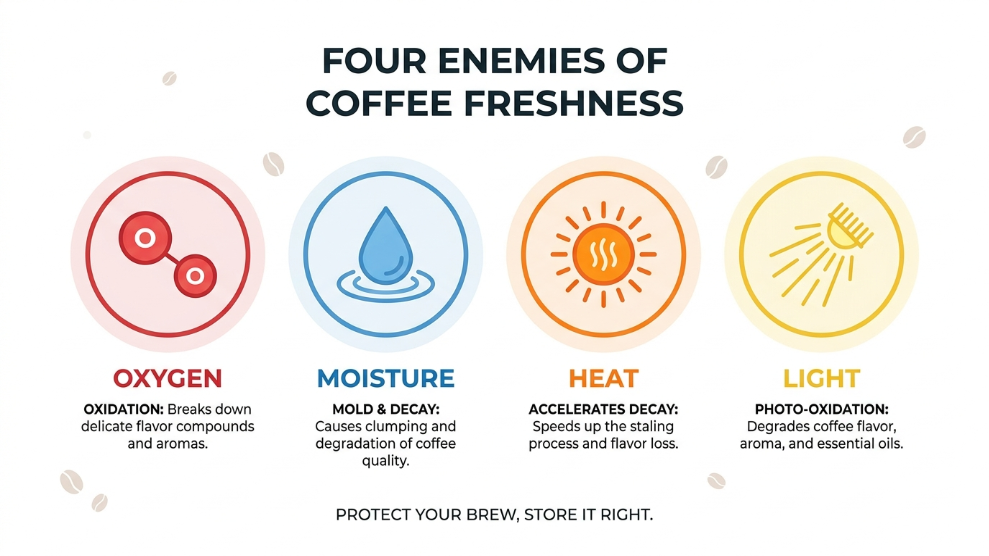 Diagram showing four enemies of coffee freshness including oxygen moisture heat and light with icons