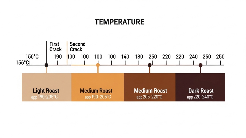 Light Roast vs Dark Roast vs Medium Roast Diagram showing coffee roasting temperature stages from green bean through first crack to second crack at different roast levels