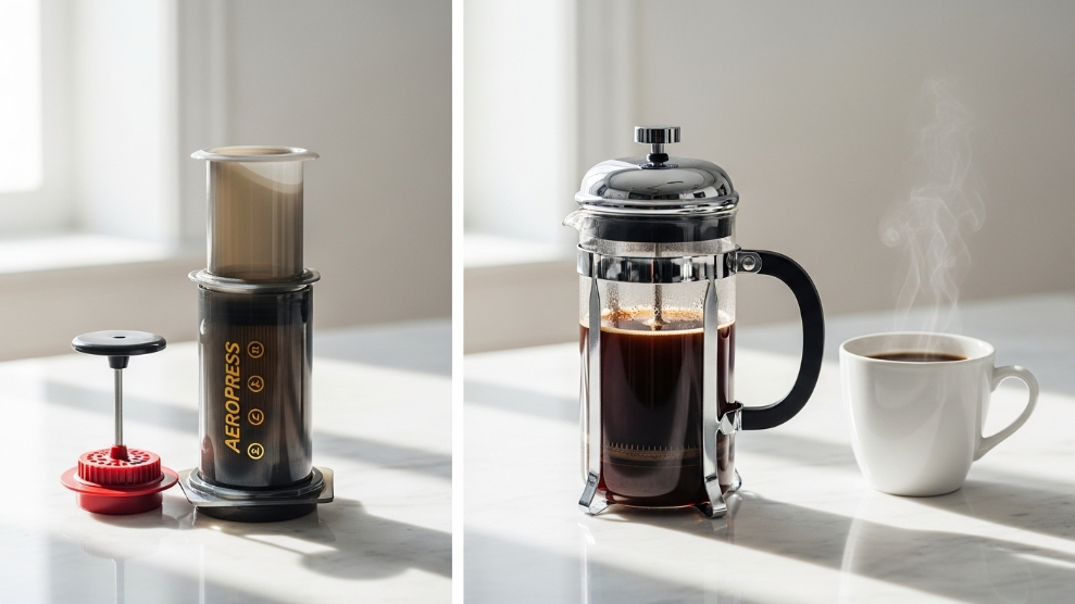AeroPress vs French press cafetiere side by side on a marble kitchen counter with freshly brewed coffee.
