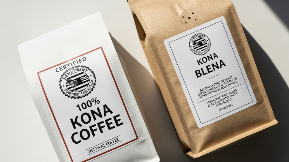 Comparison of 100% Kona coffee certification label versus Kona blend label showing difference