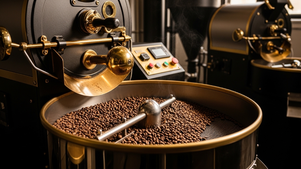 Volcanica Coffee roasting facility in Atlanta showing freshly roasted specialty coffee beans.