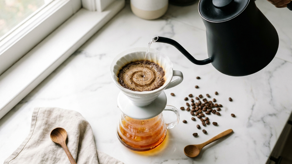 Pour-over coffee complete guide showing gooseneck kettle pouring over a V60 ceramic dripper