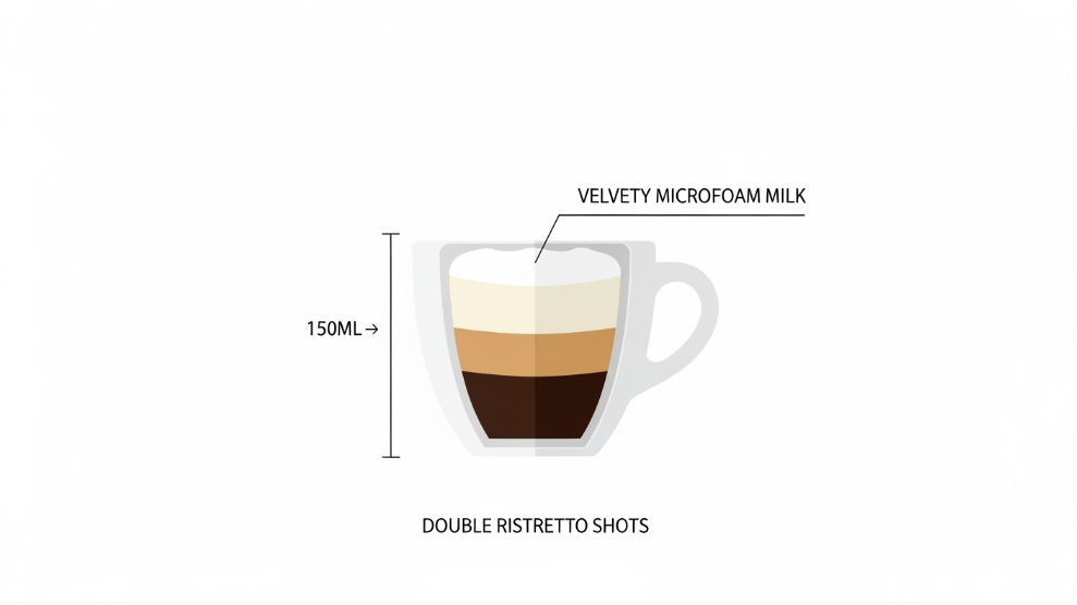 Flat white diagram showing ristretto shots being poured into a small cup with steamed microfoam milk