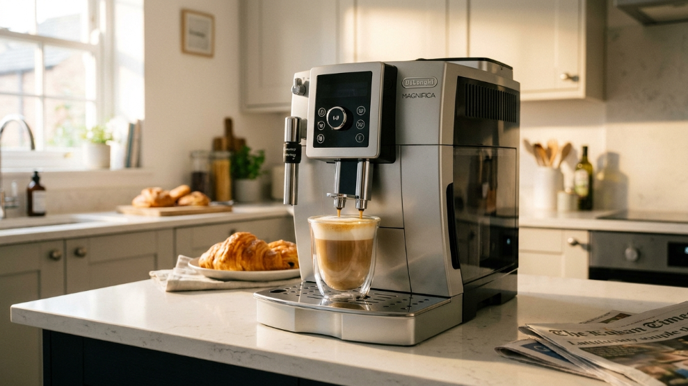 Best bean to cup coffee machines UK 2026 showing De'Longhi Magnifica dispensing a latte into a glass on a kitchen counter