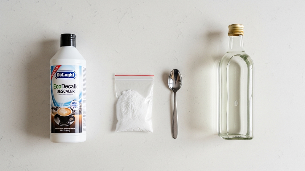 Three coffee machine descaling options shown side by side - branded descaler bottle, food grade citric acid powder, and white vinegar bottle on a kitchen worktop