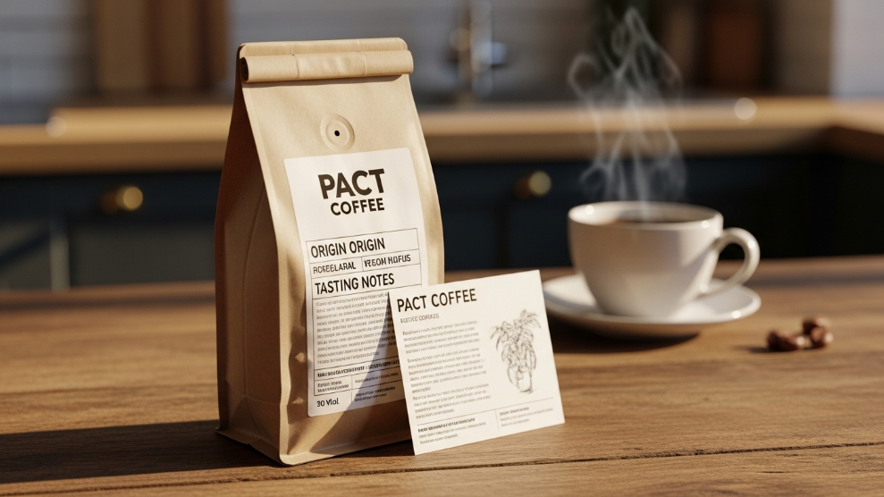 Pact Coffee specialty subscription bag with tasting notes and origin information card on a wooden surface