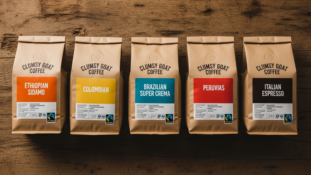 Clumsy Goat Coffee range showing multiple Fairtrade certified coffee bags from different origins including Ethiopian Colombian and Brazilian