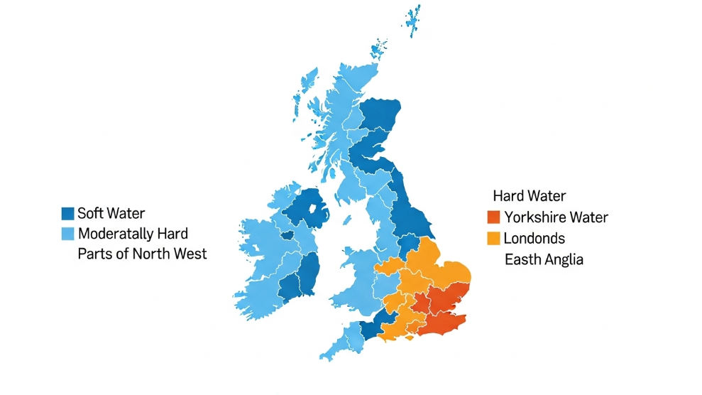 UK water hardness map showing soft water areas Scotland Wales northern England versus hard water areas London South East East Anglia