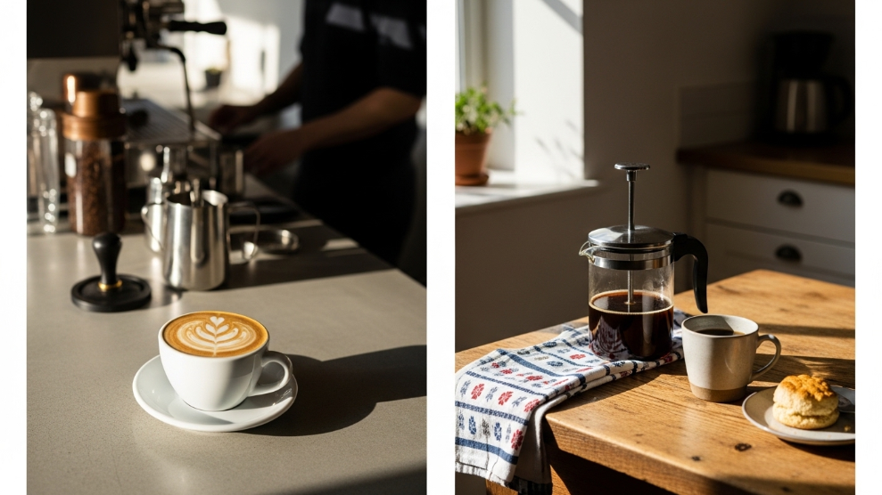 Split image showing a flat white in a UK specialty cafe on the left and a classic cafetiere on a British kitchen table on the right