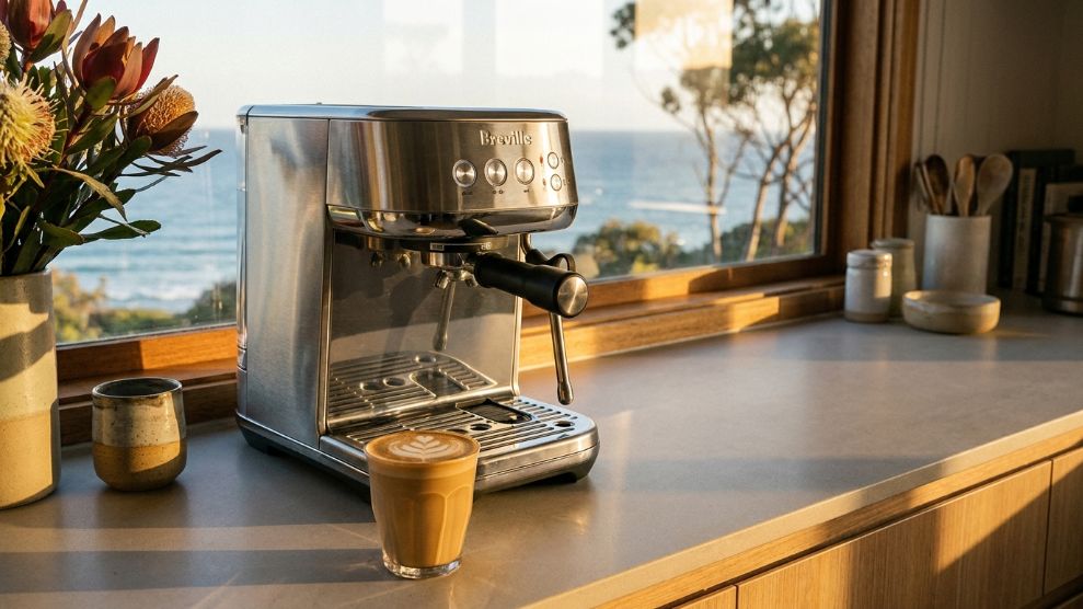Breville Bambino Plus compact espresso machine brushed stainless steel on an Australian kitchen bench with flat white in front