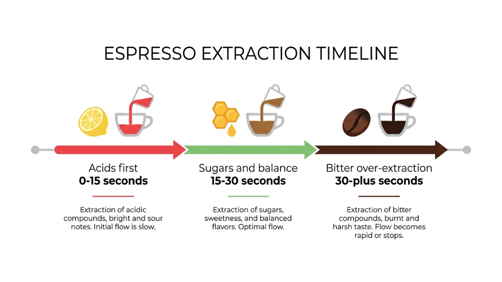 Diagram showing espresso extraction timeline with acids extracting first followed by sugars and bitter compounds