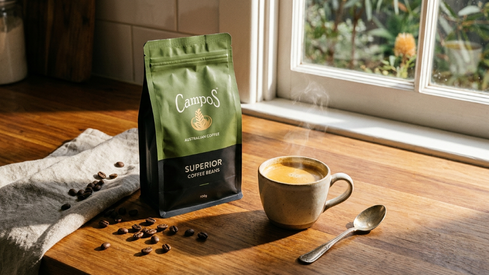 Campos Superior coffee beans bag showing Ethiopian Kenyan Colombian specialty blend tasting notes on a kitchen bench