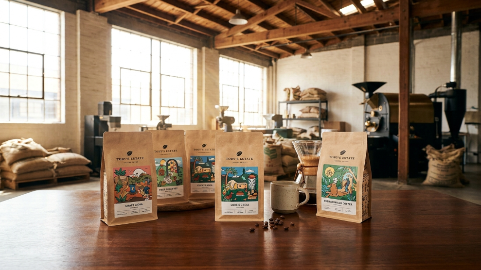 Toby's Estate Coffee Roasters specialty coffee bags on a wooden surface with the Chippendale Sydney flagship cafe in background