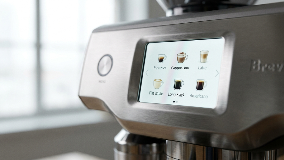 Breville Oracle Touch colour touchscreen showing the drink selection menu with espresso cappuccino and latte options