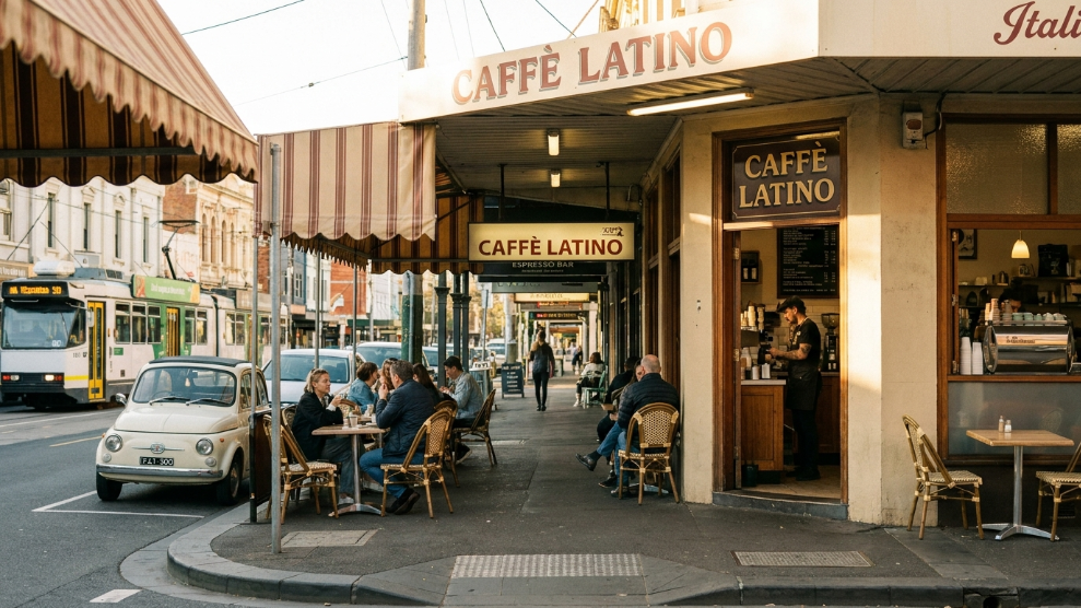 Lygon Street Carlton Melbourne showing the Italian heritage cafe strip with traditional espresso bars and Italian restaurant signs at morning light