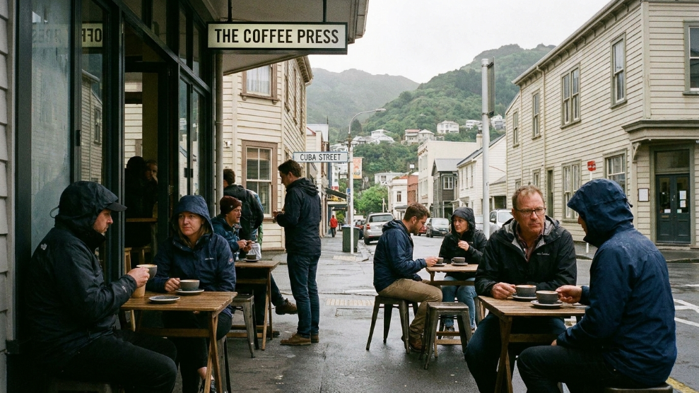 Wellington New Zealand cafe scene showing specialty coffee bar on Cuba Street or waterfront with customers enjoying flat whites