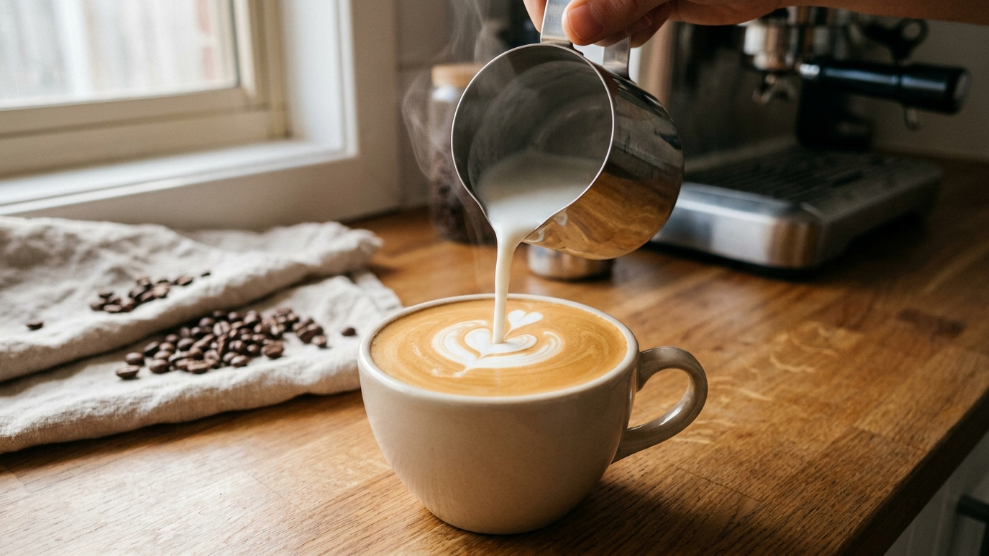 Full cream whole milk being poured into a flat white showing perfect velvety microfoam integration with espresso