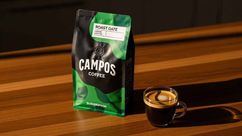 Campos Coffee subscription bag showing freshly roasted specialty blend with roast date visible on a timber surface