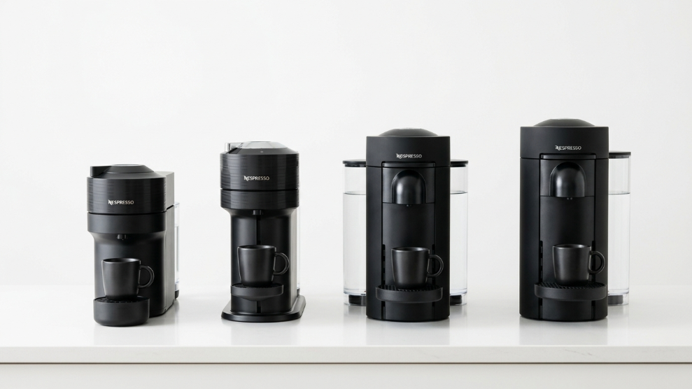 Nespresso Vertuo lineup 2026 showing four Vertuo machines side by side Pop, Next, VertuoPlus and Vertuo Up in a kitchen setting