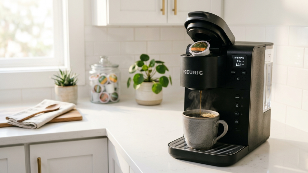 Keurig K-Supreme SMART single serve coffee maker in black on a modern kitchen countertop brewing a cup of coffee