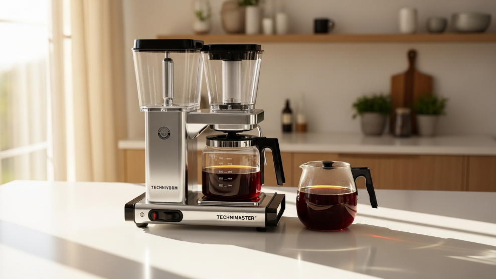 Technivorm Moccamaster drip coffee maker in polished silver on a kitchen counter with a glass carafe of freshly brewed coffee