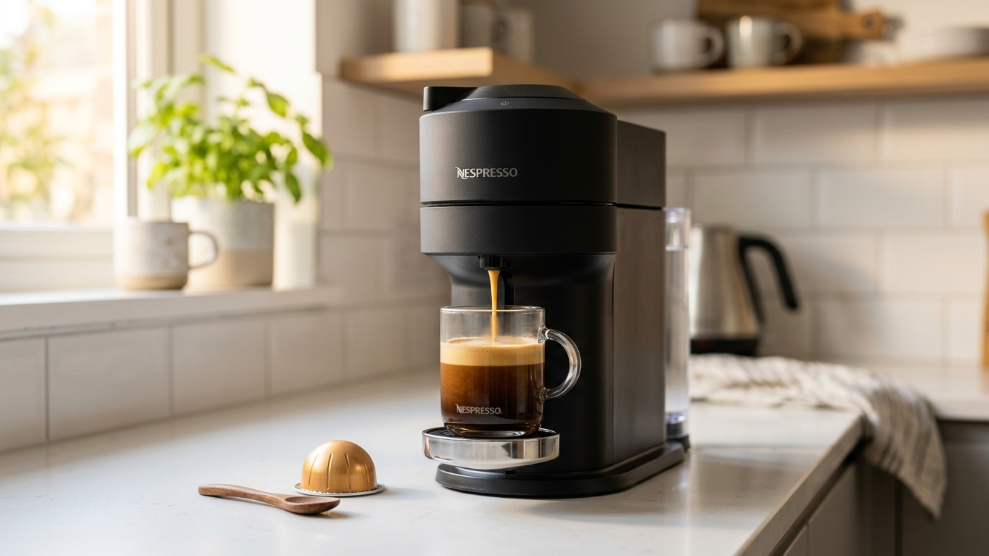 Nespresso Vertuo Pop+ pod coffee machine in black on a UK kitchen countertop brewing a coffee with Vertuo pods beside it
