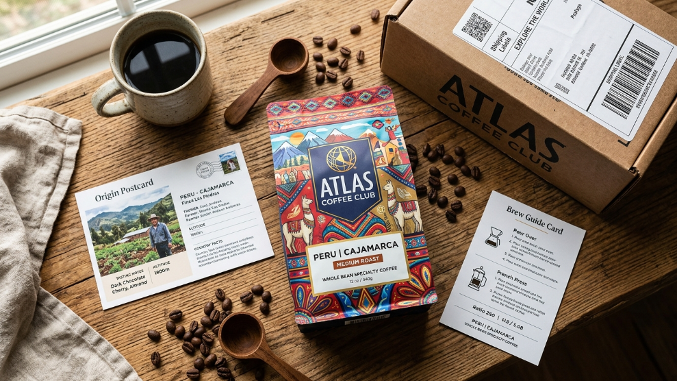 Atlas Coffee Club open subscription delivery showing vibrant country-themed coffee bag with cultural artwork and origin postcard on a timber surface