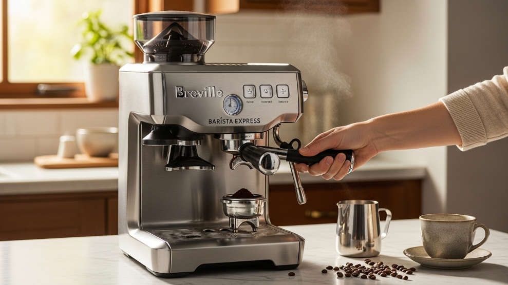 Breville Barista Express espresso machine with integrated grinder in stainless steel on a modern kitchen bench with portafilter being loaded