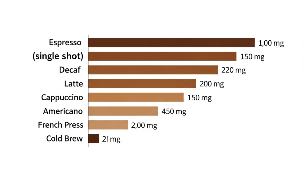 Caffeine comparison chart showing amounts in espresso drip cold brew and other coffee types in milligrams