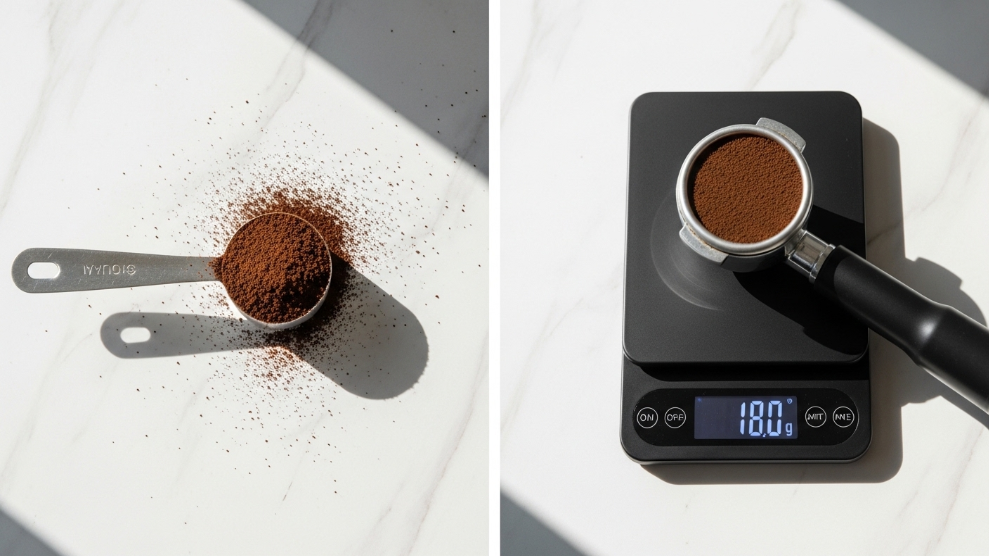 Side by side comparison of tablespoon coffee measurement versus digital scale measurement showing inconsistency.