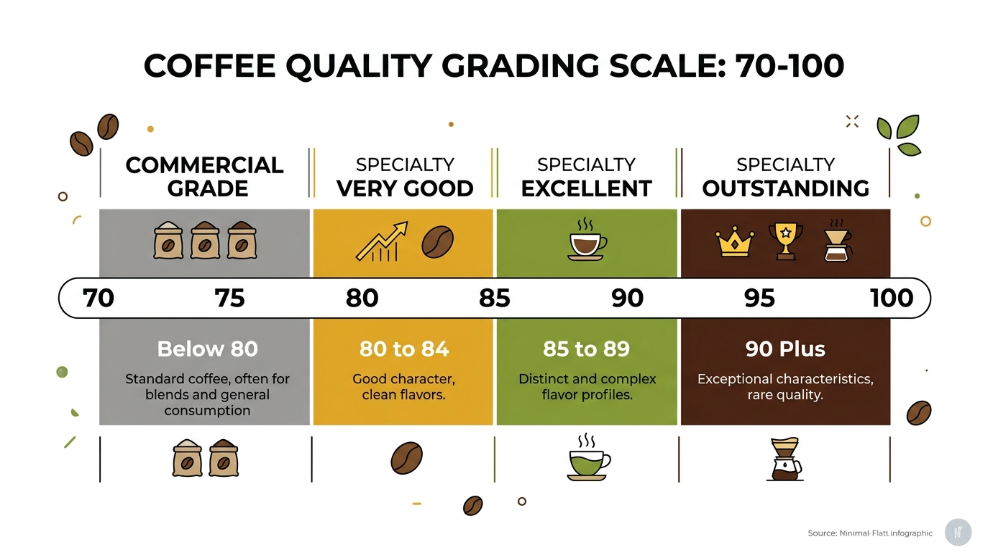 SCA specialty coffee grading scale from 80 to 100 showing very good excellent and outstanding categories