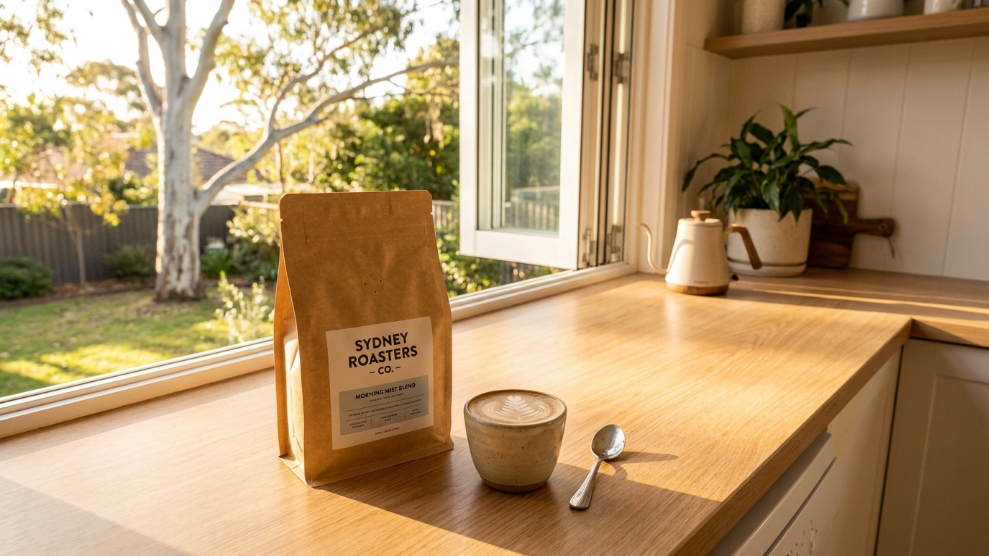 Specialty coffee subscription bag on an Australian timber kitchen bench with flat white.